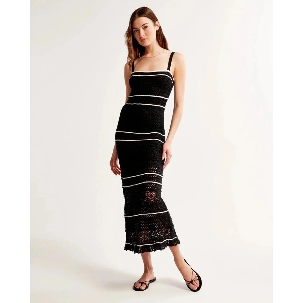 Abercrombie & Fitch Black White Crochet Knit Maxi Dress Large Sleeveless Stripe
